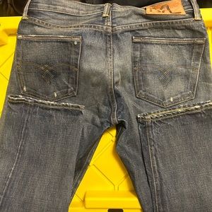 RRL Low straight leg men jeans. Mfg. distress and stains. 30x30.  100% cotton.